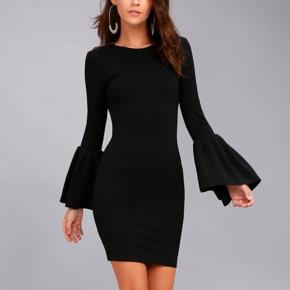 NWT Lulu’s Double Flair Black Long Sleeve Bodycon Dress Size XS